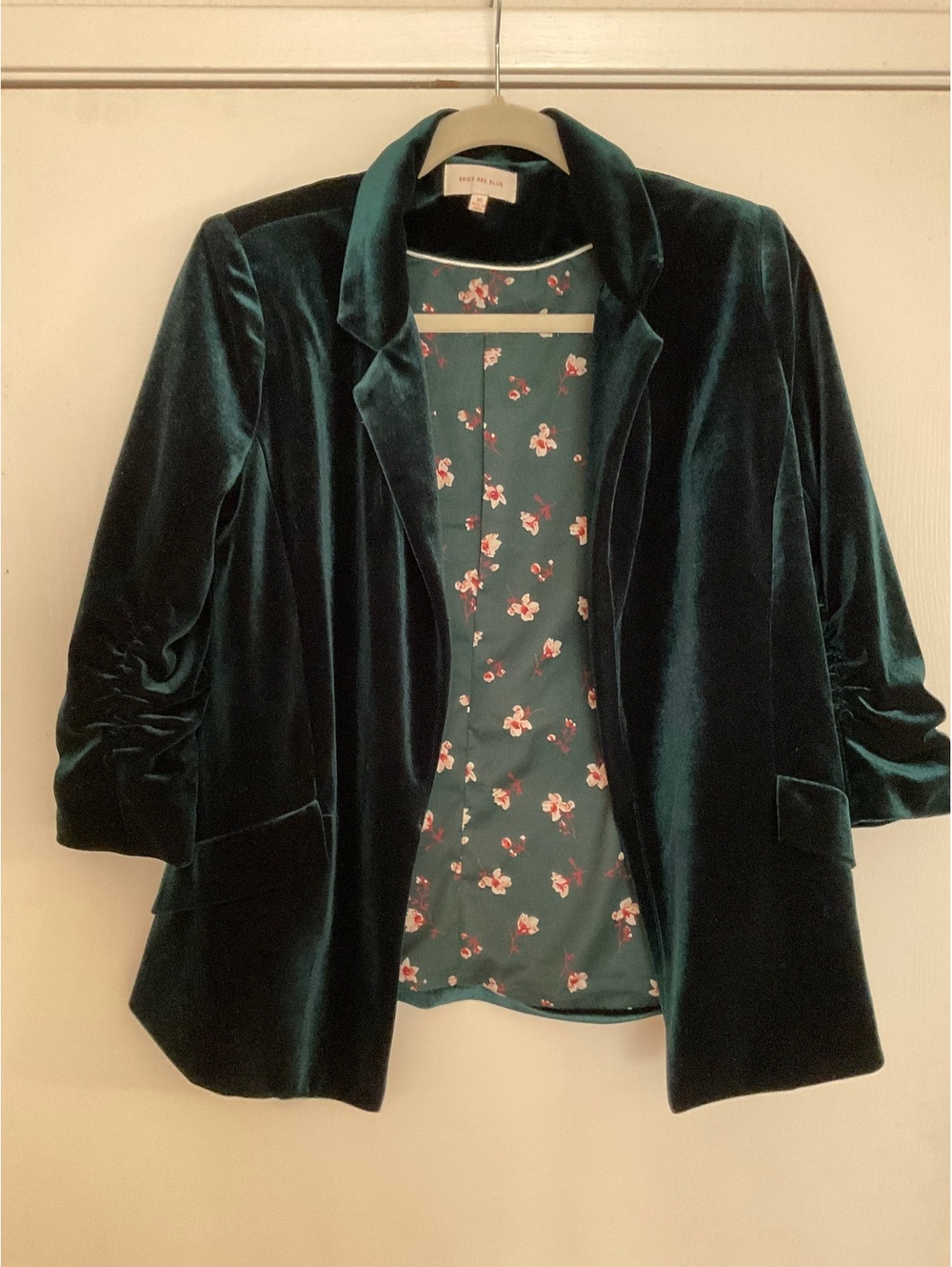 Skies Are Velvet Blazer Emerald Green Ruched 3/4 Sleeve Floral Lining Size XS